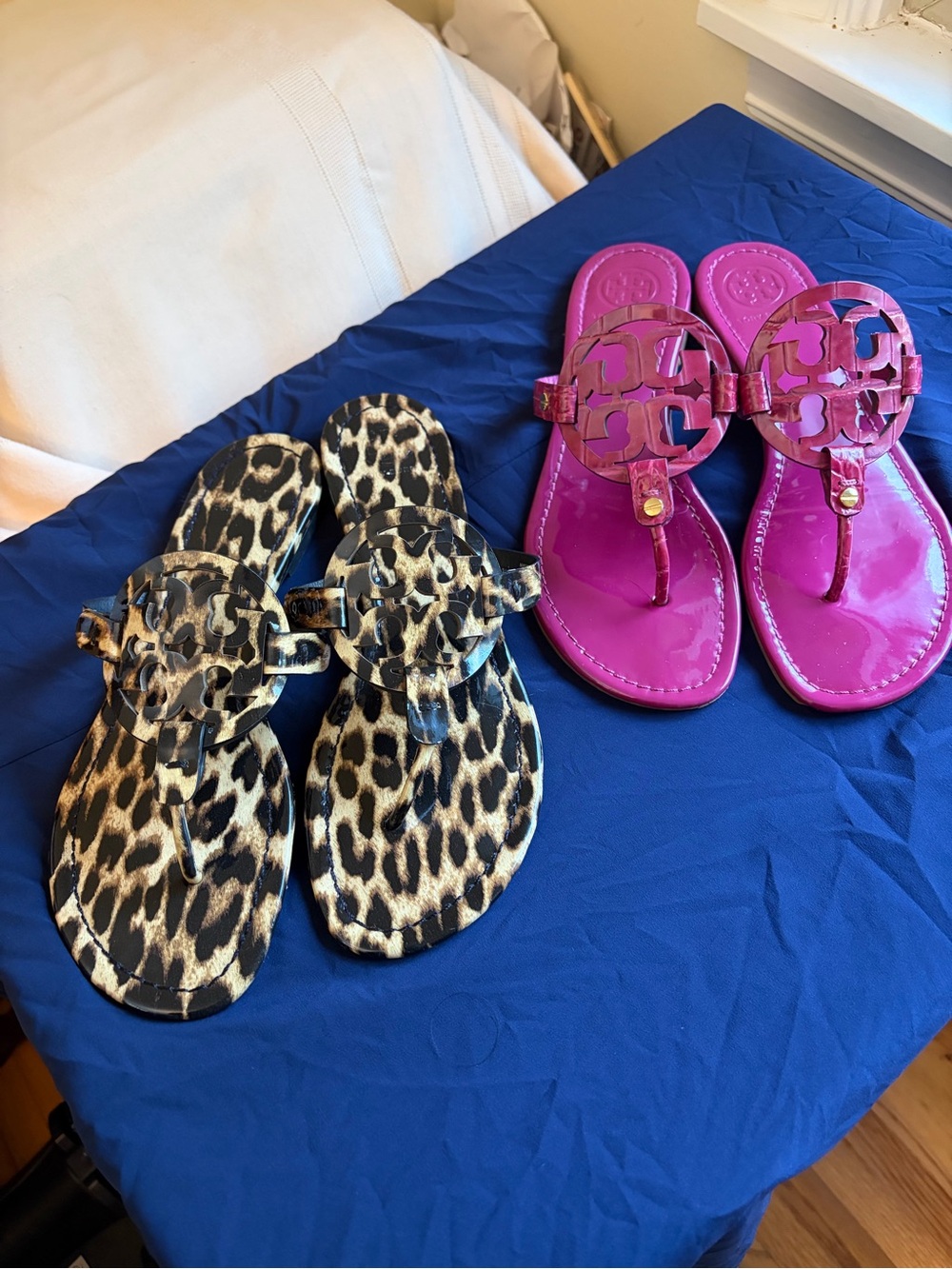 Tory Burch Leopard Print and Hot Pink Logo Thong Sandals
